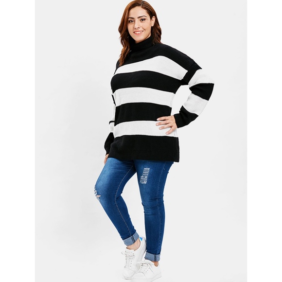 Plus Size Black & White Striped Turtleneck Sweater - Picture 3 of 7